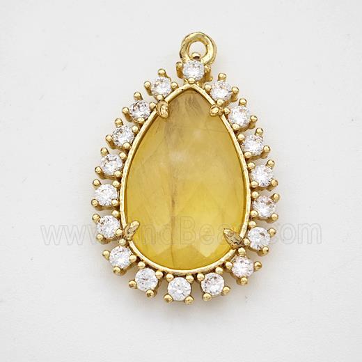Yellow Dye Jade Teardrop Pendant Copper Pave Zirconia Gold Plated