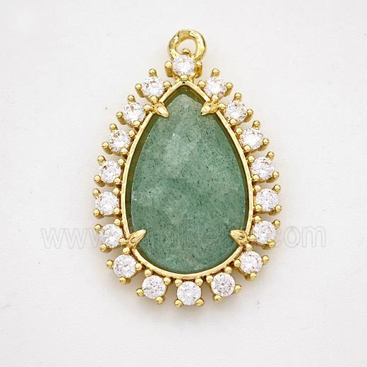 Green Strawberry Quartz Teardrop Pendant Copper Pave Zirconia Gold Plated