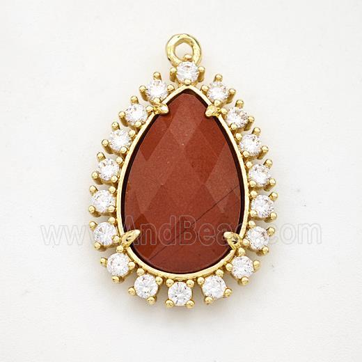 Red Jasper Teardrop Pendant Copper Pave Zirconia Gold Plated