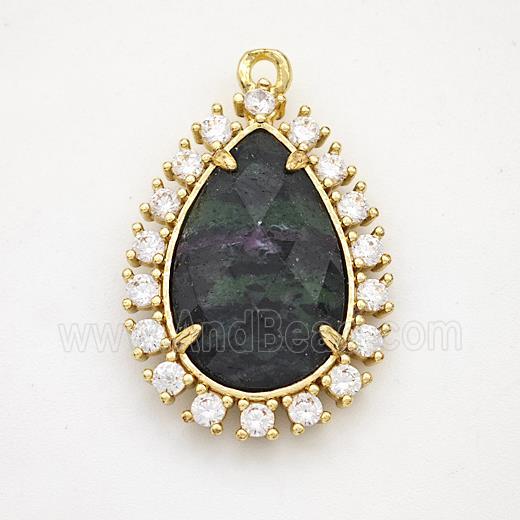 Green Zoisite Teardrop Pendant Copper Pave Zirconia Gold Plated
