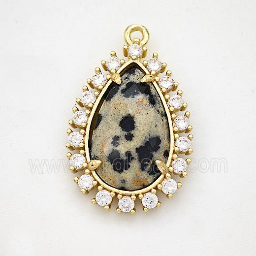 Black Dalmatian Jasper Teardrop Pendant Copper Pave Zirconia Gold Plated