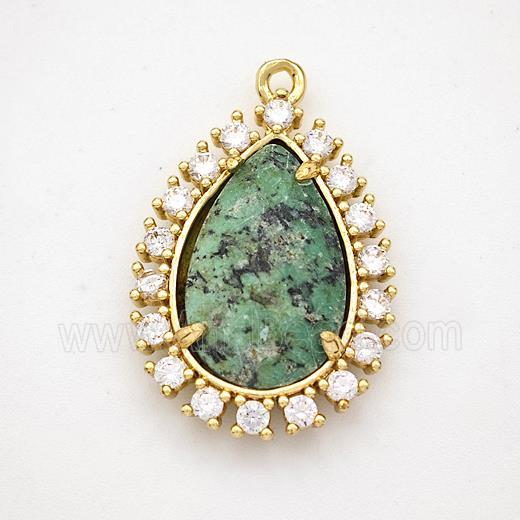 Green African Turquoise Teardrop Pendant Copper Pave Zirconia Gold Plated