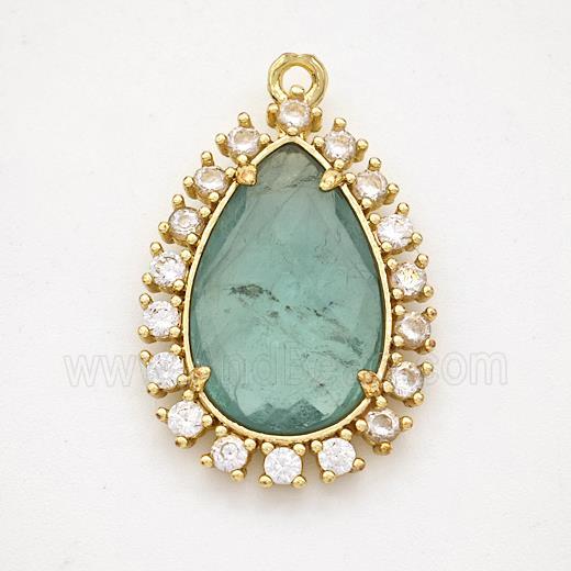 Green Fluorite Teardrop Pendant Copper Pave Zirconia Gold Plated