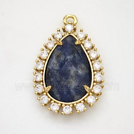 Blue Sodalite Teardrop Pendant Copper Pave Zirconia Gold Plated
