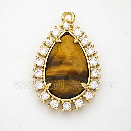 Tiger Eye Stone Teardrop Pendant Copper Pave Zirconia Gold Plated