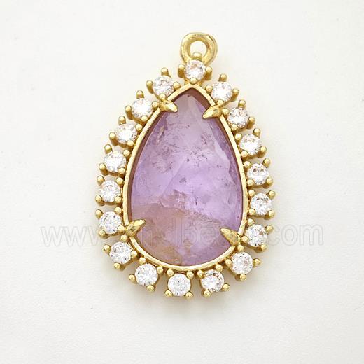 Lt.purple Amethyst Teardrop Pendant Copper Pave Zirconia Gold Plated