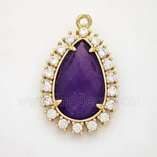 Purple Amethyst Teardrop Pendant Copper Pave Zirconia Gold Plated