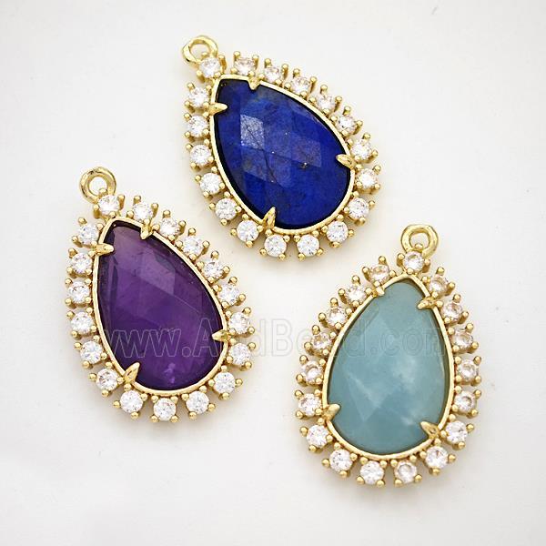 Gemstone Teardrop Pendant Copper Pave Zirconia Gold Plated Mixed