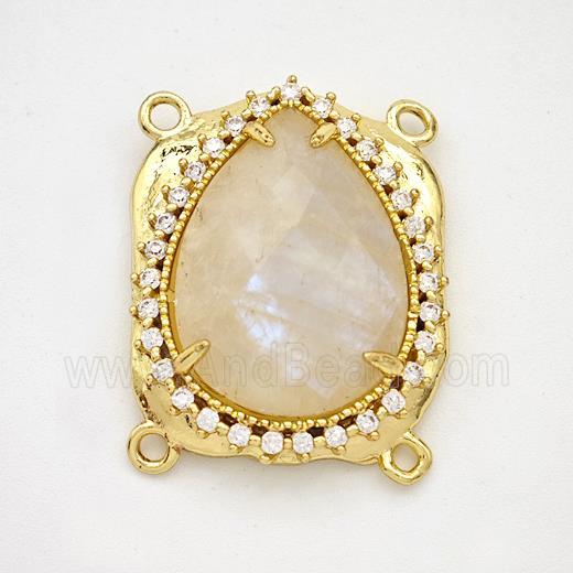 White Moonstone Teardrop Connector Copper Pave Zirconia Gold Plated