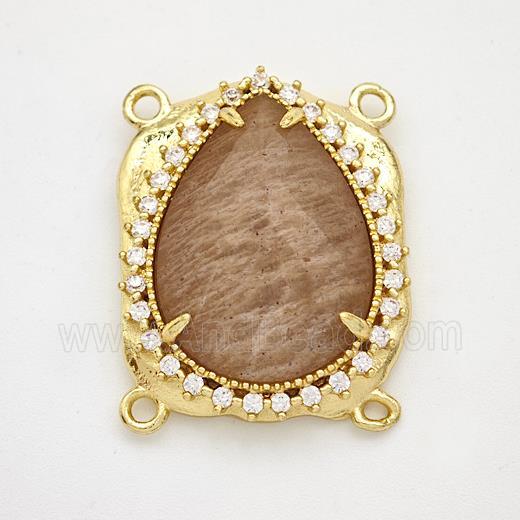 Peach Sunstone Teardrop Connector Copper Pave Zirconia Gold Plated