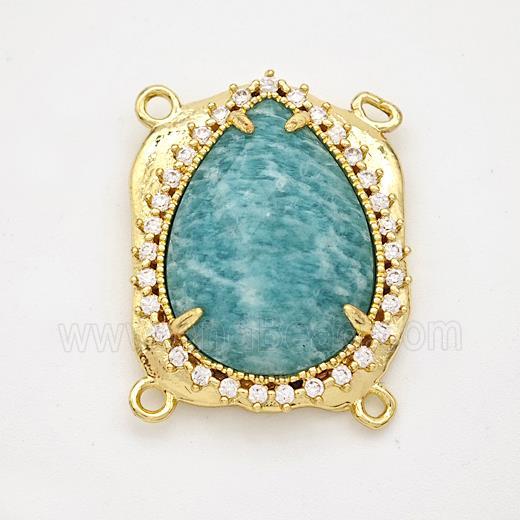 Green Amazonite Teardrop Connector Copper Pave Zirconia Gold Plated