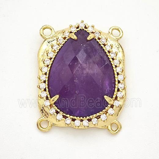 Purple Amethyst Teardrop Connector Copper Pave Zirconia Gold Plated