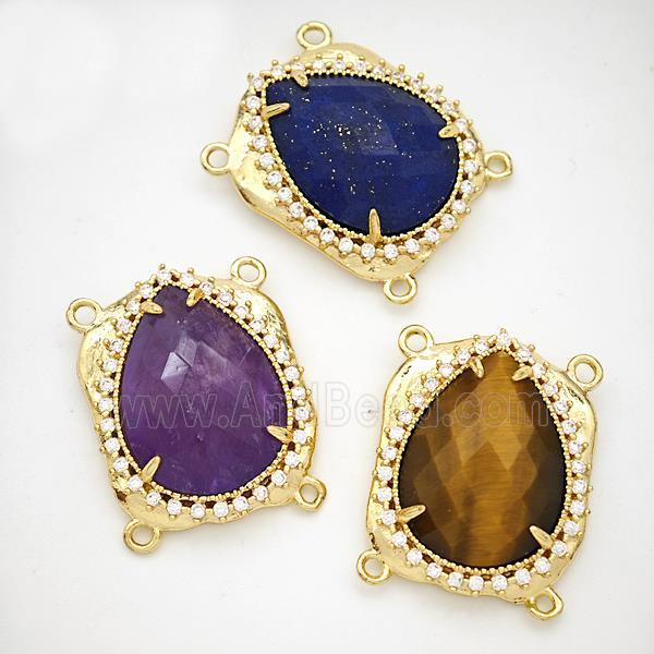 Natural Gemstone Teardrop Connector Copper Pave Zirconia Gold Plated Mixed