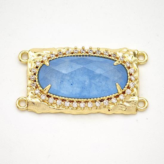 Blue Dye Jade Oval Connector Copper Pave Zirconia Gold Plated