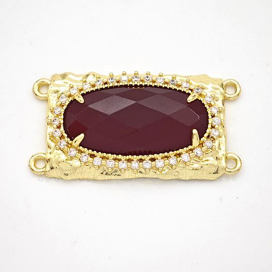 Darkred Dye Jade Oval Connector Copper Pave Zirconia Gold Plated