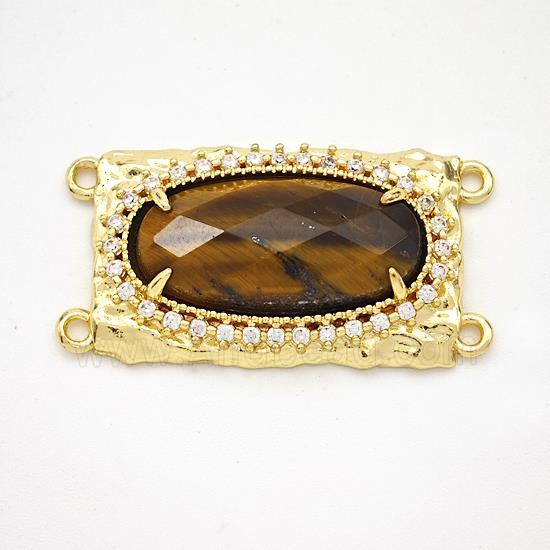 Tiger Eye Stone Oval Connector Copper Pave Zirconia Gold Plated