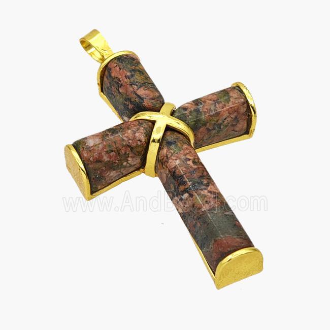 Natural Unakite Cross Pendant Alloy Gold Plated