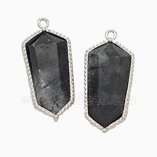 Natural Black Rutilated Quartz Prism Pendant Platinum Plated