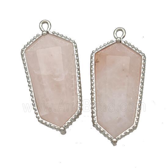 Natural Pink Rose Quartz Prism Pendant Platinum Plated