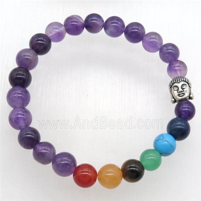 Chakra Bracelets with amethyst, buddha, stretchy