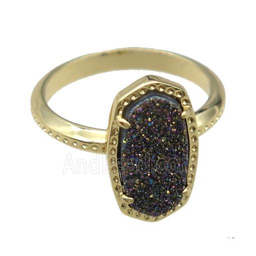 copper Rings with rainbow Quartz Druzy, gold plated
