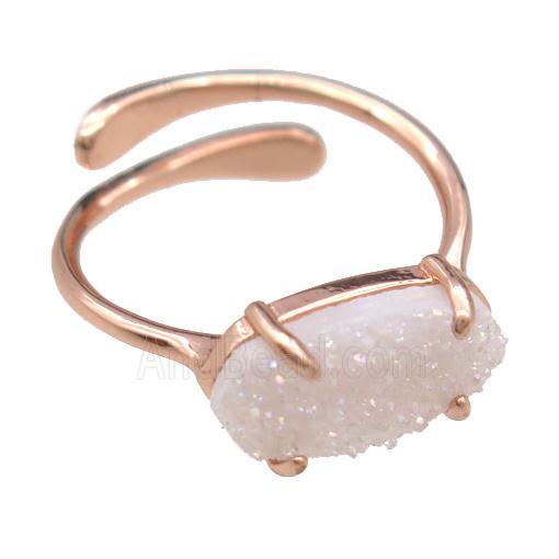 copper Rings with white Quartz Druzy, resizable, rose gold