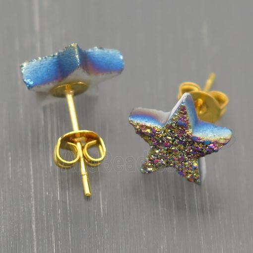 rainbow Quartz Druzy Stud Earrings, Star