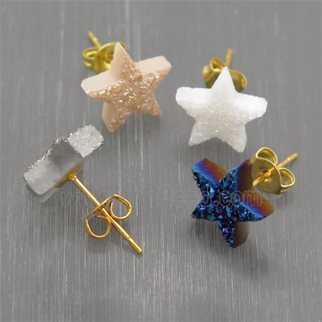 Star Quartz Druzy Stud Earrings, mix color, gold plated
