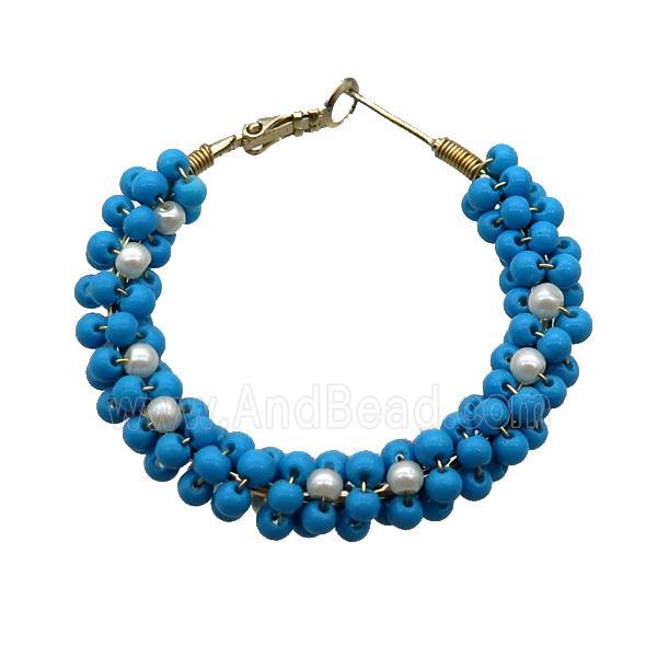Blue Pearlized Glass Copper Hoop Earring Gold Plated