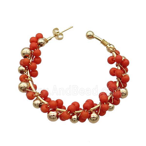 Red Pearlized Glass Copper Stud Earring Gold Plated