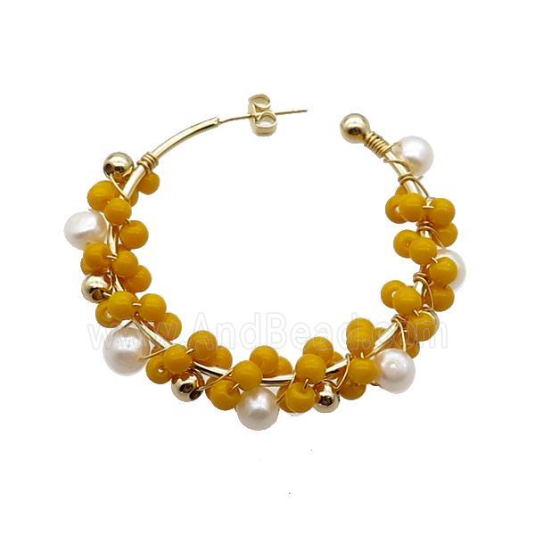 Yellow Pearlized Glass Copper Stud Earring With Pearl Gold Plated
