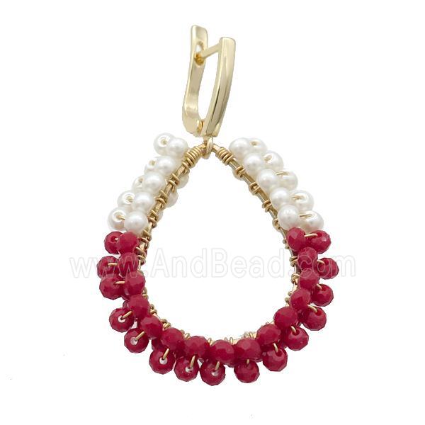 White Red Crystal Glass Copper Latchback Earring Gold Plated