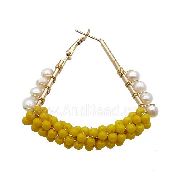 Yellow Pearlized Glass Copper Latchback Earring White Pearl Gold Plated