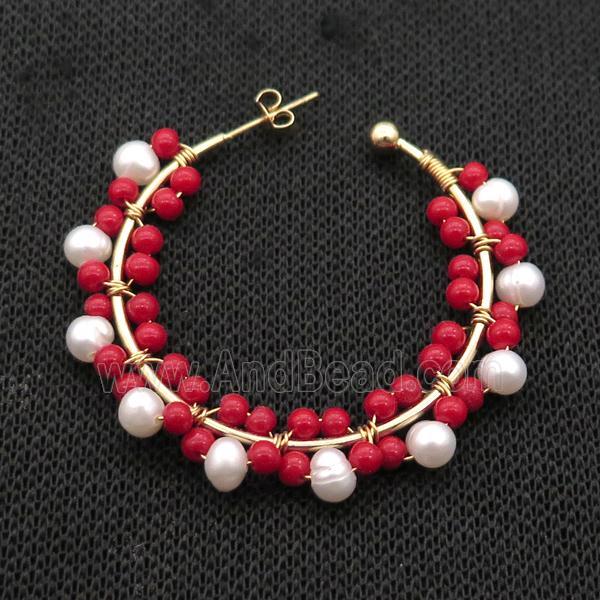 Pearl Copper Stud Earring With Red Pearlized Glass Gold Plated