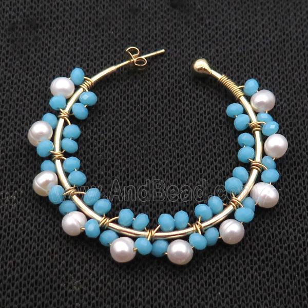 Pearl Copper Stud Earring With Blue Crystal Glass Gold Plated