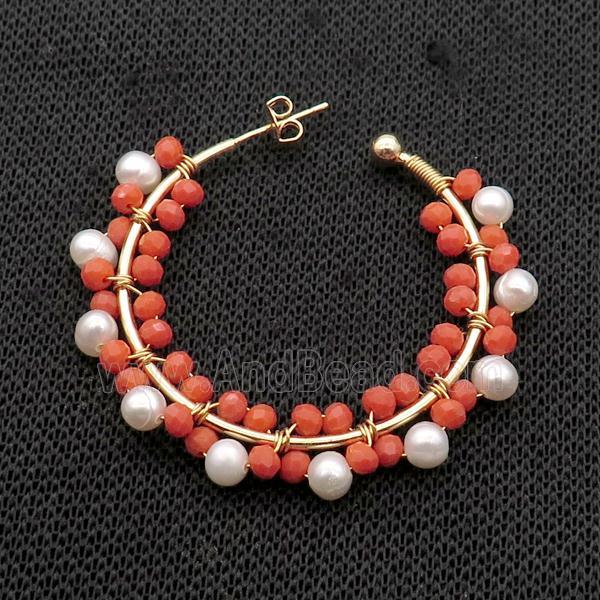 Pearl Copper Stud Earring With Red Crystal Glass Gold Plated