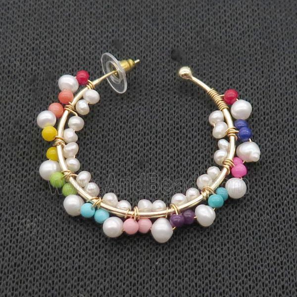 Pearl Copper Stud Earring With Multicolor Pearlized Glass Gold Plated