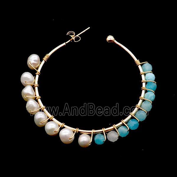 Pearl Copper Stud Earring With Green Amazonite Gold Plated