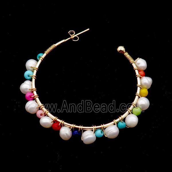 Pearl Copper Stud Earring With Multicolor Pearlized Glass Gold Plated