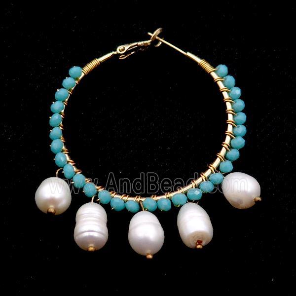 Green Crystal Glass Copper Hoop Earring With Pearl Gold Plated