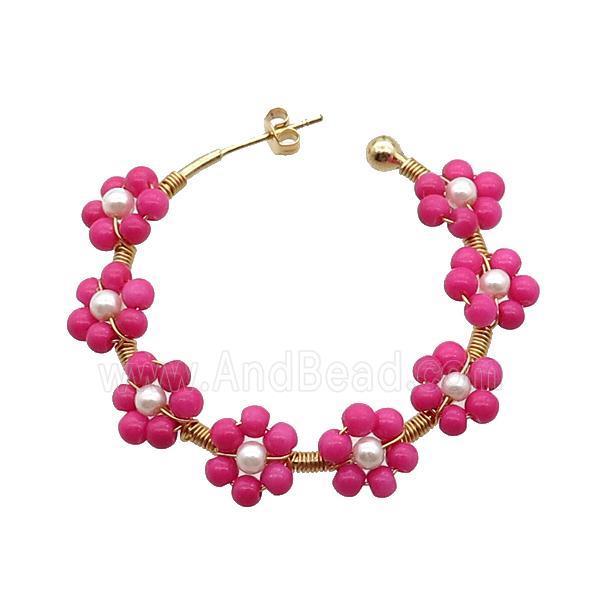 Hotpink Pearlized Glass Copper Stud Earring Gold Plated