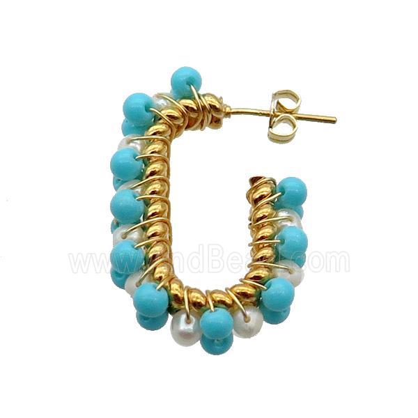 White Pearl Copper Stud Earring With Blue Pearlized Glass Gold Plated