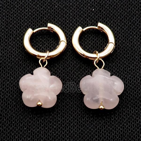 Pink Rose Quartz Flower Copper Hoop Earring Gold Plated