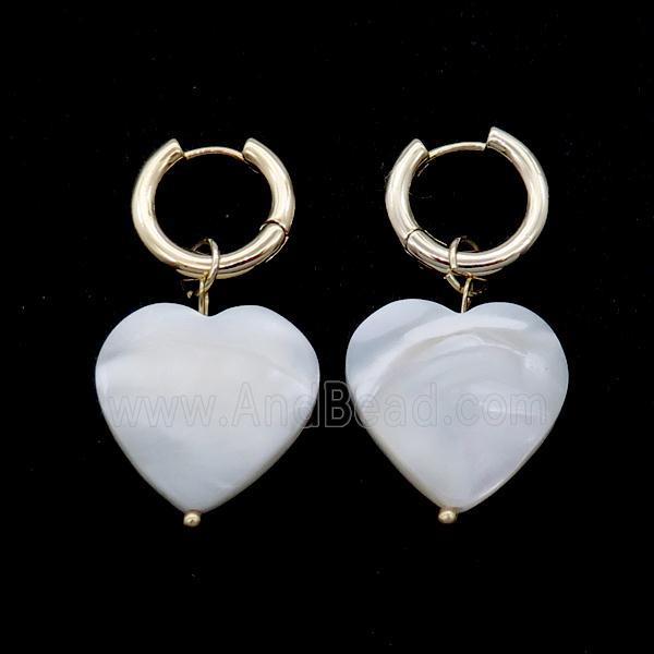 White MOP Shell Copper Hoop Earring Heart Gold Plated