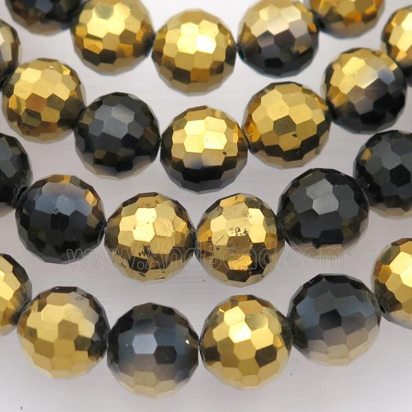 black Chinese Crystal Glass Beads, faceted round, half gold plated