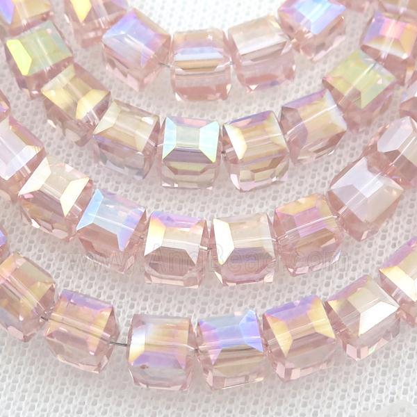Chinese Crystal Glass Beads, faceted cube, pink AB-color