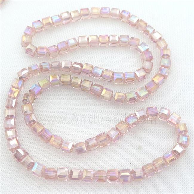 Chinese Crystal Glass Beads, faceted cube, pink AB-color