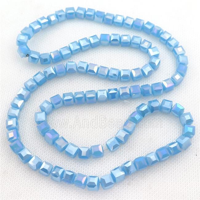Jadeite Glass Beads, faceted cube, blue AB-color