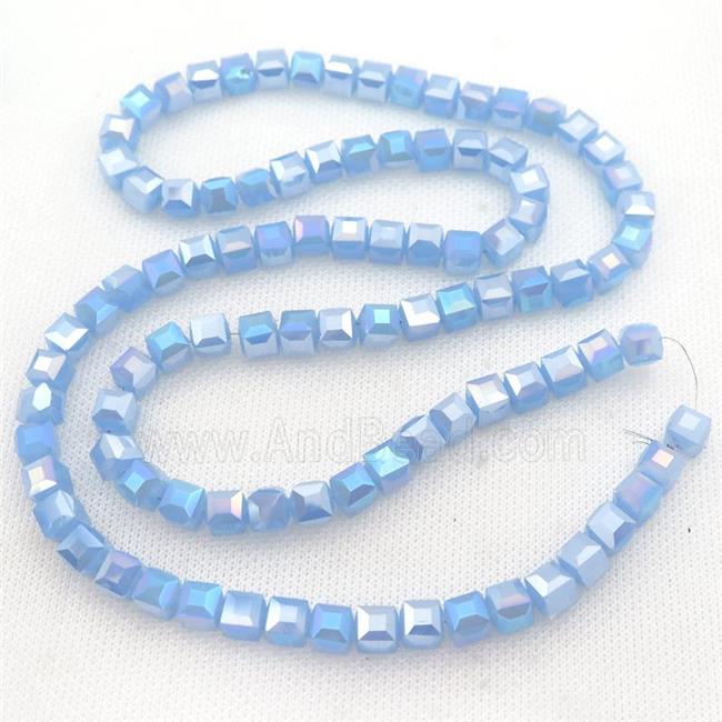 Jadeite Glass Beads, faceted cube, blue AB-color