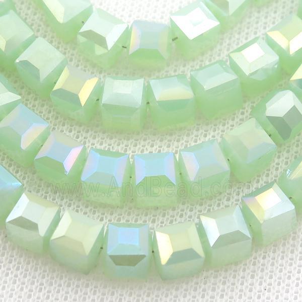Jadeite Glass Beads, faceted cube, green AB-color